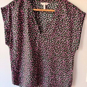 Rebecca Taylor Black Pink Wild Rose Silk V Neck Blouse Sz 2 (US Sz 6)